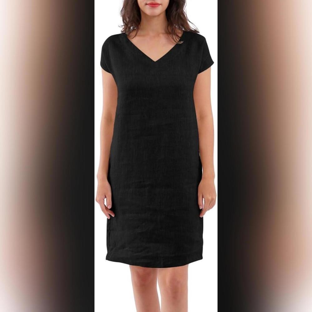 NWT Amazhiyu 100% Linen V Neck Short Sleeve Shift Dress, Medium